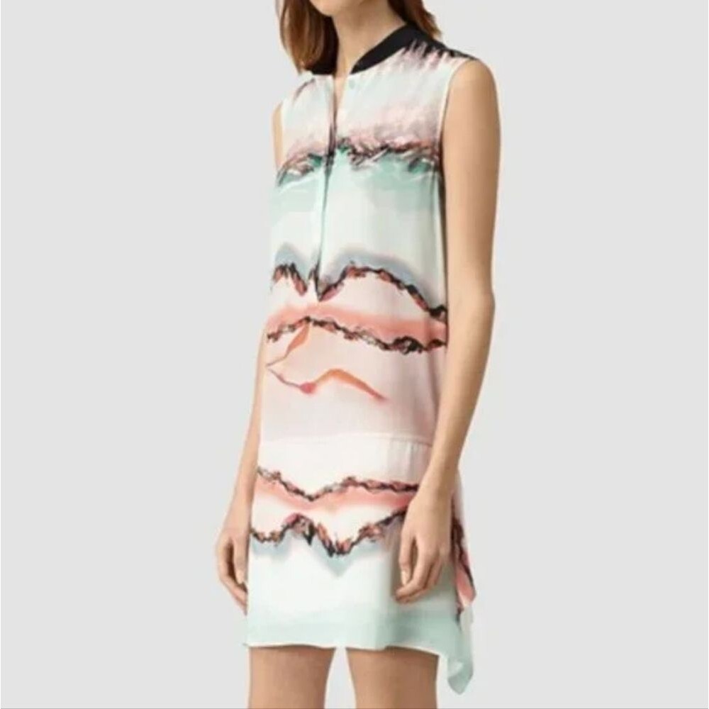 AllSaints Isha Crystal 100% Silk Midi Dress Blue Cream sz 6 All Saints